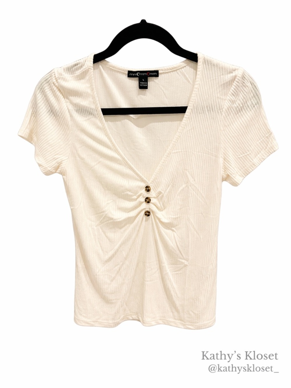 Cream Short Sleeve V-Neck Top with Front Buttons